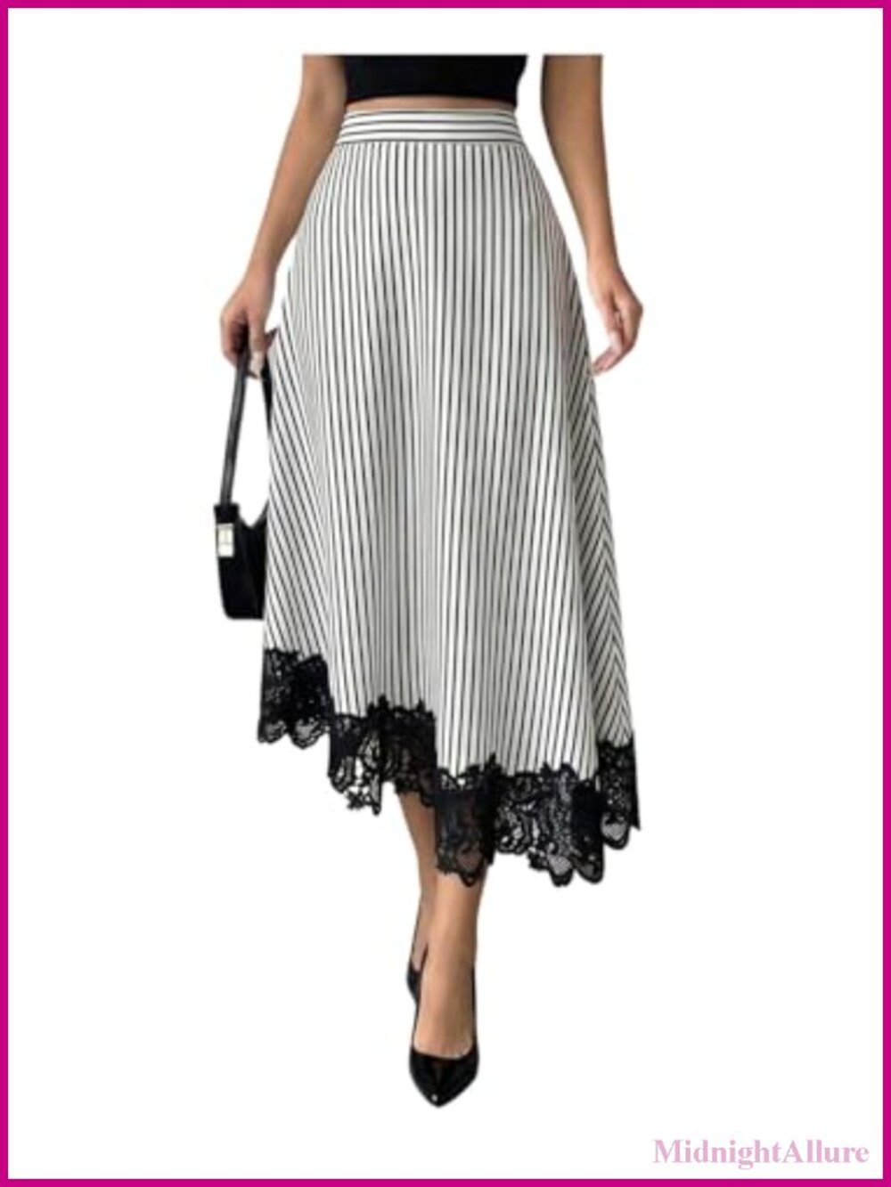 Milumia Women's Striped High Waisted A-Line Midi Skirt with Lace Trim and